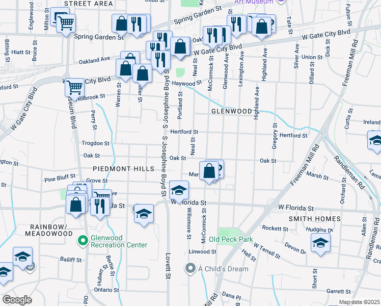 map of restaurants, bars, coffee shops, grocery stores, and more near 1315 Oak Street in Greensboro