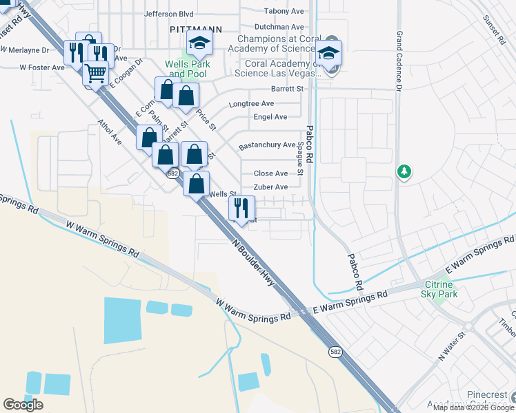 map of restaurants, bars, coffee shops, grocery stores, and more near 117 King Street in Henderson
