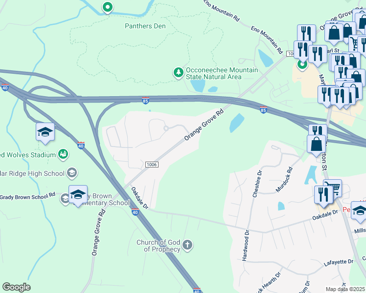 map of restaurants, bars, coffee shops, grocery stores, and more near 2126 Orange Grove Road in Hillsborough