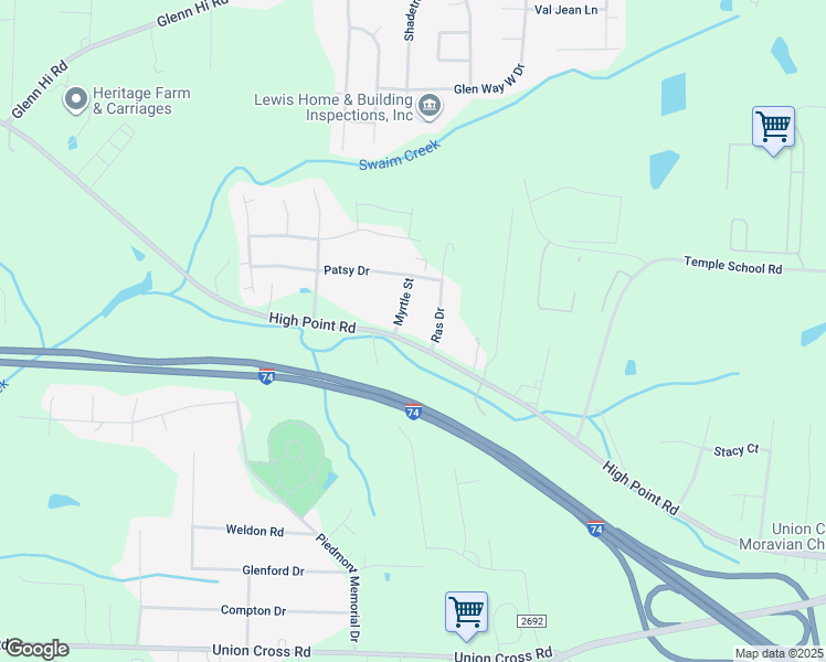 map of restaurants, bars, coffee shops, grocery stores, and more near 4117 High Point Road in Winston-Salem