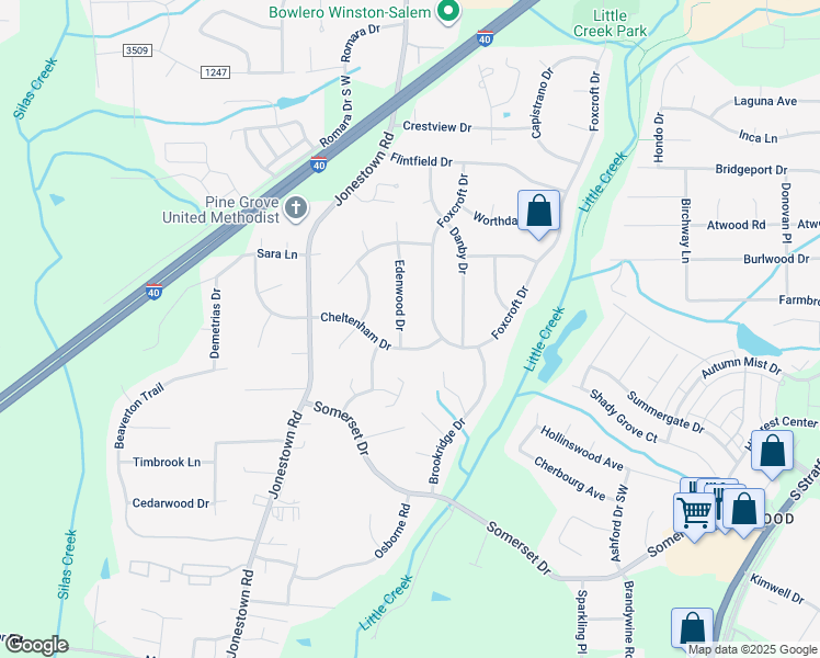 map of restaurants, bars, coffee shops, grocery stores, and more near 1191 Edenwood Drive in Winston-Salem