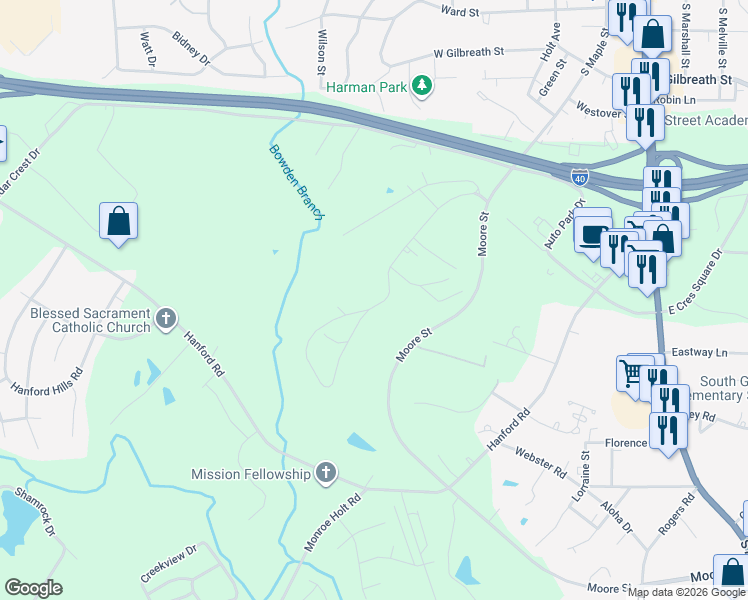 map of restaurants, bars, coffee shops, grocery stores, and more near 1160 Gant Road in Graham