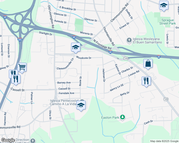 map of restaurants, bars, coffee shops, grocery stores, and more near 143 Fir Drive in Winston-Salem
