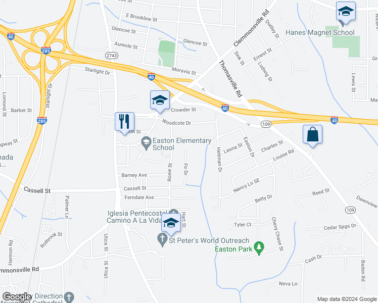map of restaurants, bars, coffee shops, grocery stores, and more near 143 Fir Drive in Winston-Salem