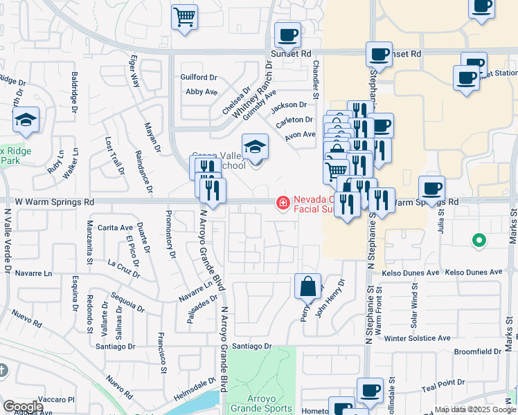 map of restaurants, bars, coffee shops, grocery stores, and more near 1551 West Warm Springs Road in Henderson