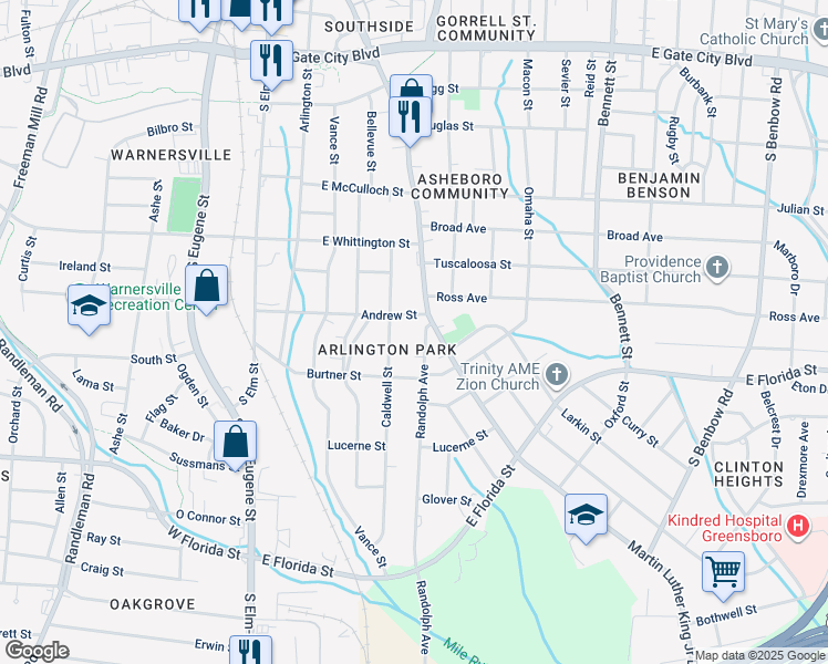 map of restaurants, bars, coffee shops, grocery stores, and more near 1208 Randolph Avenue in Greensboro