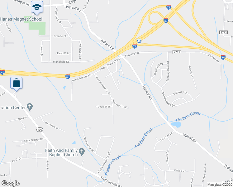 map of restaurants, bars, coffee shops, grocery stores, and more near 2905 Downway Lane Southeast in Winston-Salem