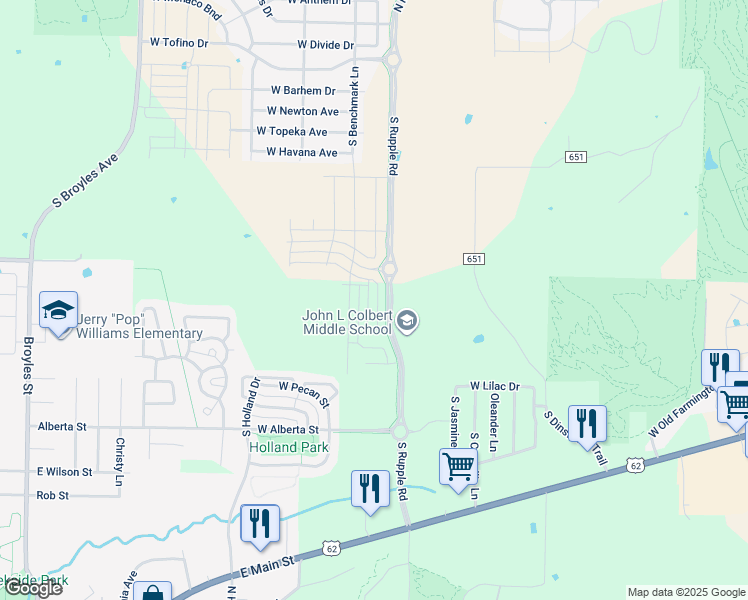 map of restaurants, bars, coffee shops, grocery stores, and more near North Rupple Road in Fayetteville
