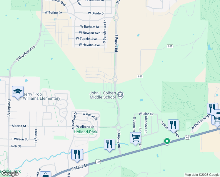 map of restaurants, bars, coffee shops, grocery stores, and more near North Rupple Road in Fayetteville