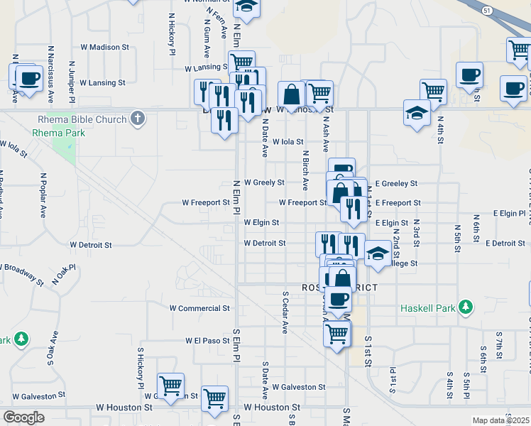 map of restaurants, bars, coffee shops, grocery stores, and more near 408 North Date Avenue in Broken Arrow