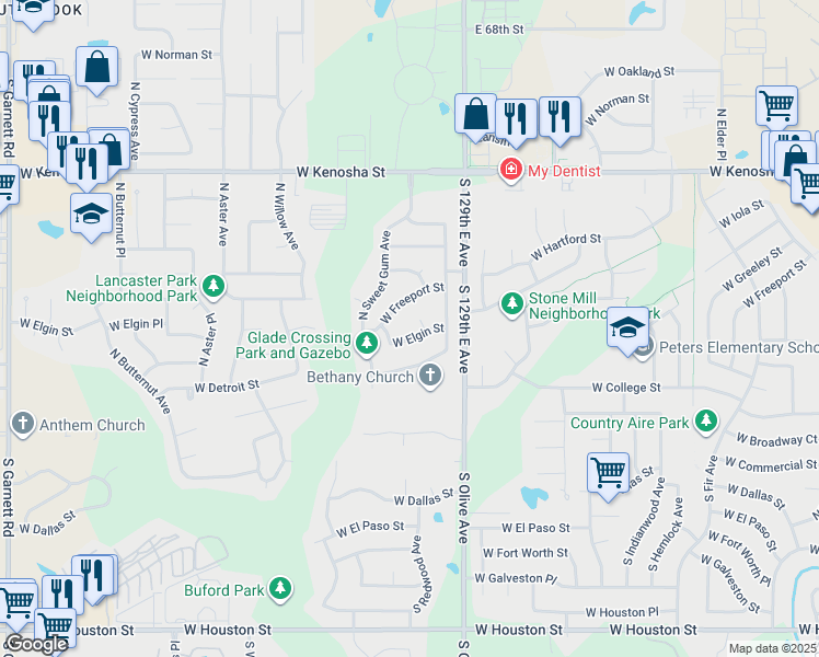 map of restaurants, bars, coffee shops, grocery stores, and more near 3717 West Elgin Street in Broken Arrow