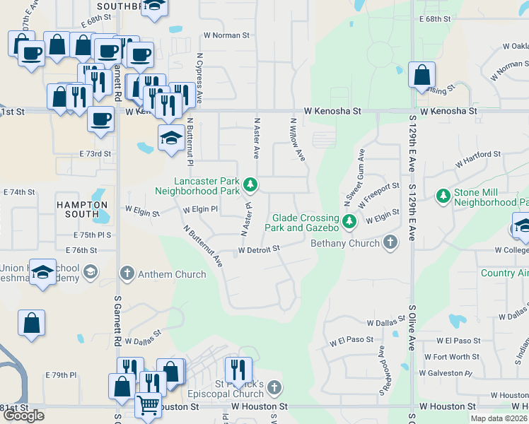 map of restaurants, bars, coffee shops, grocery stores, and more near 324 North Aster Avenue in Broken Arrow