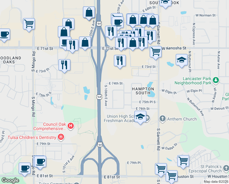 map of restaurants, bars, coffee shops, grocery stores, and more near 7417 South 107th East Avenue in Tulsa