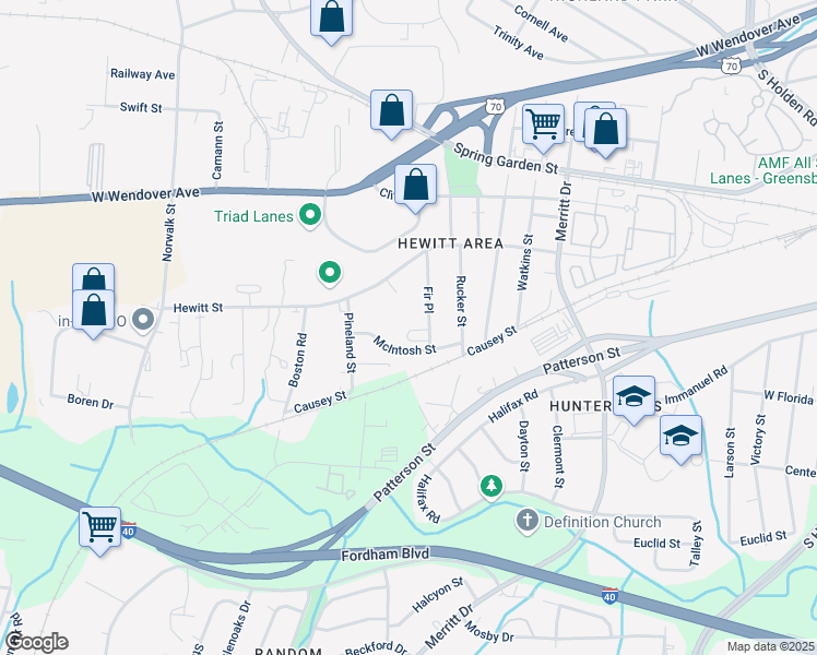 map of restaurants, bars, coffee shops, grocery stores, and more near 1022 Fir Place in Greensboro