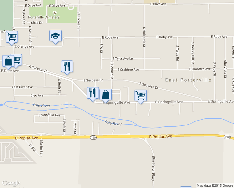 map of restaurants, bars, coffee shops, grocery stores, and more near 542 South Conner Street in Porterville