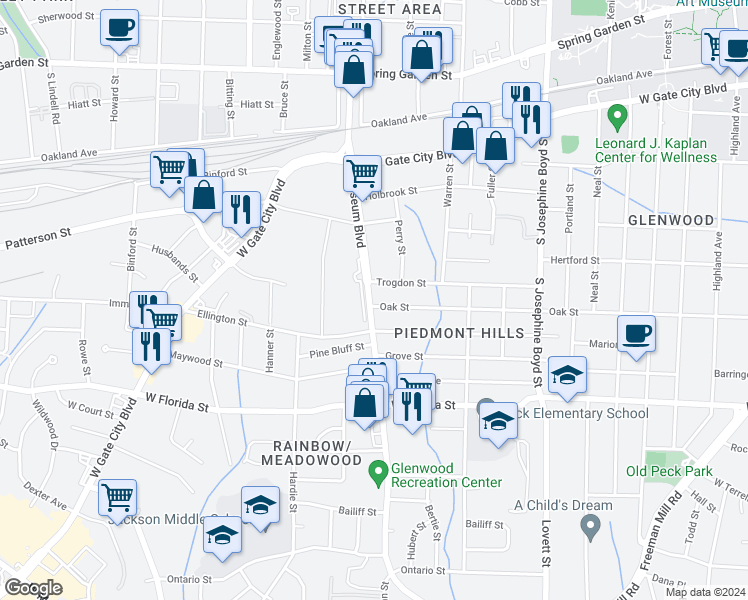 map of restaurants, bars, coffee shops, grocery stores, and more near 1916 Oak Street in Greensboro