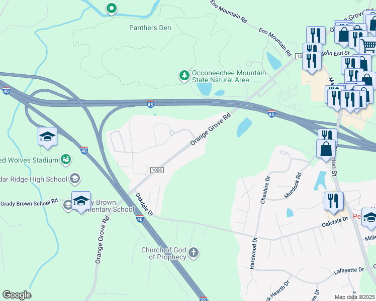 map of restaurants, bars, coffee shops, grocery stores, and more near 2126 Orange Grove Road in Hillsborough