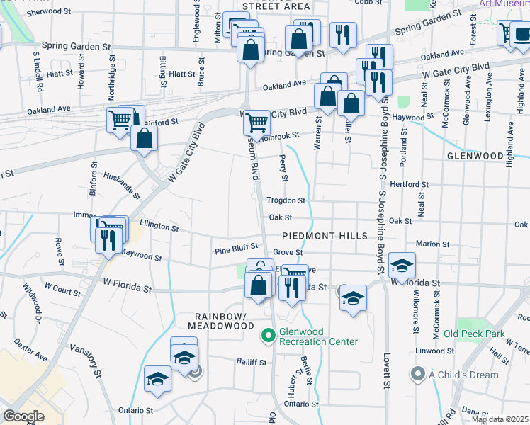 map of restaurants, bars, coffee shops, grocery stores, and more near 1916 Oak Street in Greensboro