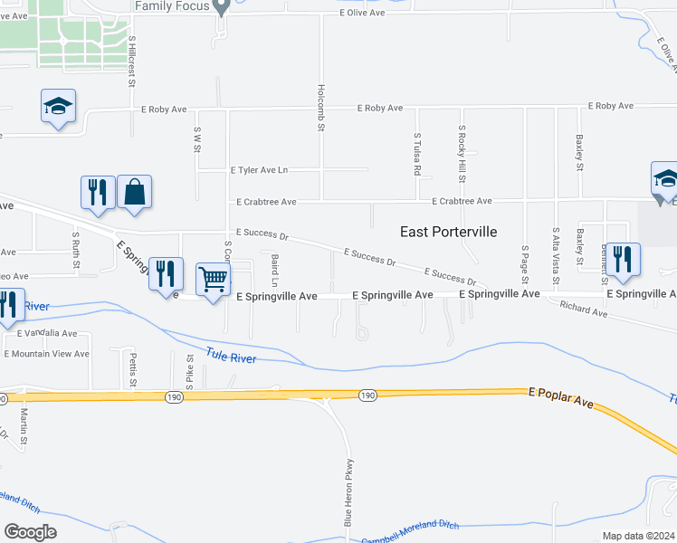 map of restaurants, bars, coffee shops, grocery stores, and more near 1654 East Success Drive in Porterville