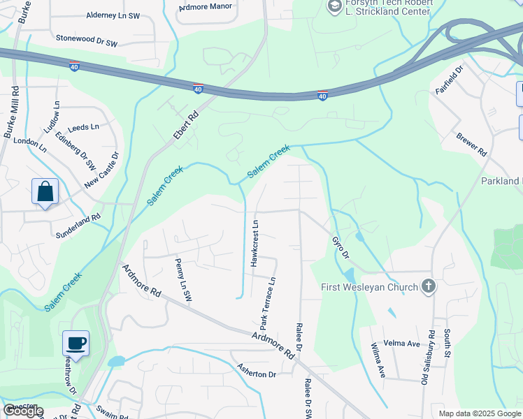 map of restaurants, bars, coffee shops, grocery stores, and more near 1454 Hawkcrest Lane in Winston-Salem