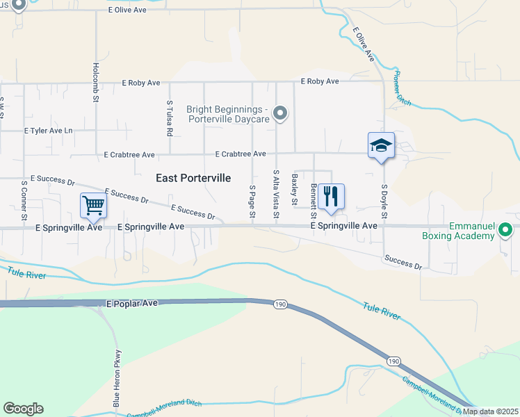 map of restaurants, bars, coffee shops, grocery stores, and more near 548 South Page Street in Porterville