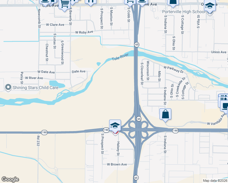 map of restaurants, bars, coffee shops, grocery stores, and more near All America City Highway in Porterville