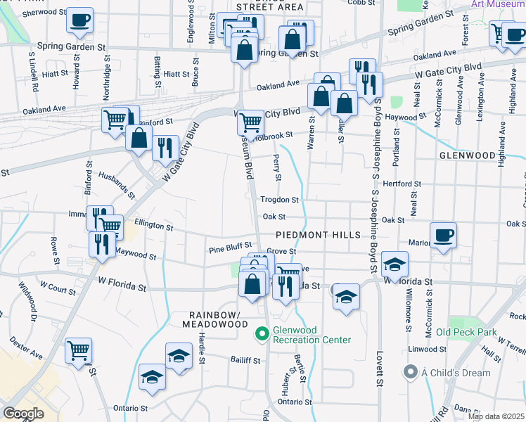 map of restaurants, bars, coffee shops, grocery stores, and more near 1911 Oak Street in Greensboro