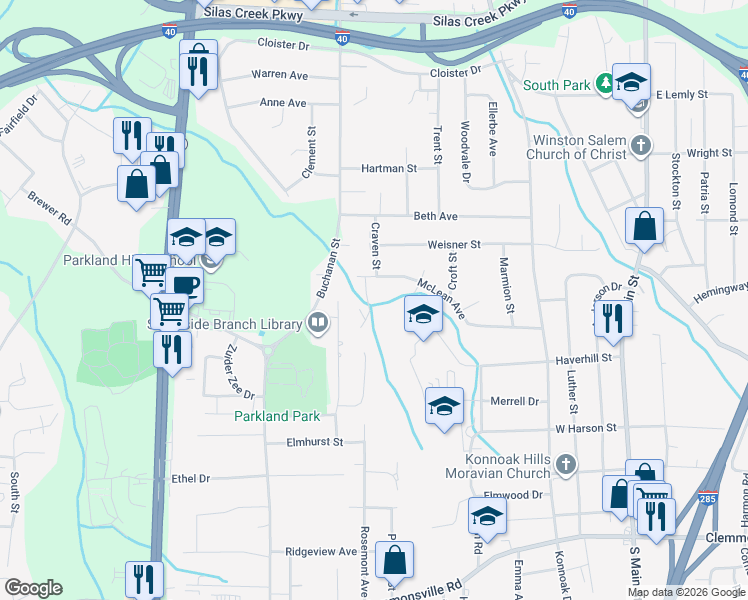 map of restaurants, bars, coffee shops, grocery stores, and more near 3125 Russell Way Lane in Winston-Salem