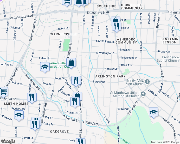 map of restaurants, bars, coffee shops, grocery stores, and more near 1214 Vance Street in Greensboro
