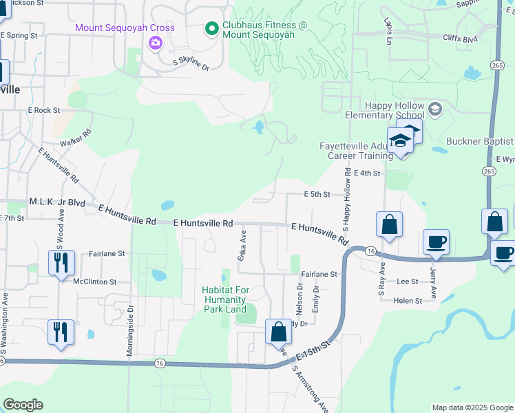 map of restaurants, bars, coffee shops, grocery stores, and more near 1428 East Huntsville Road in Fayetteville