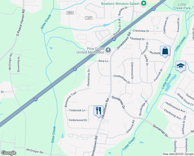 map of restaurants, bars, coffee shops, grocery stores, and more near 1213 Bucklebury Court in Winston-Salem