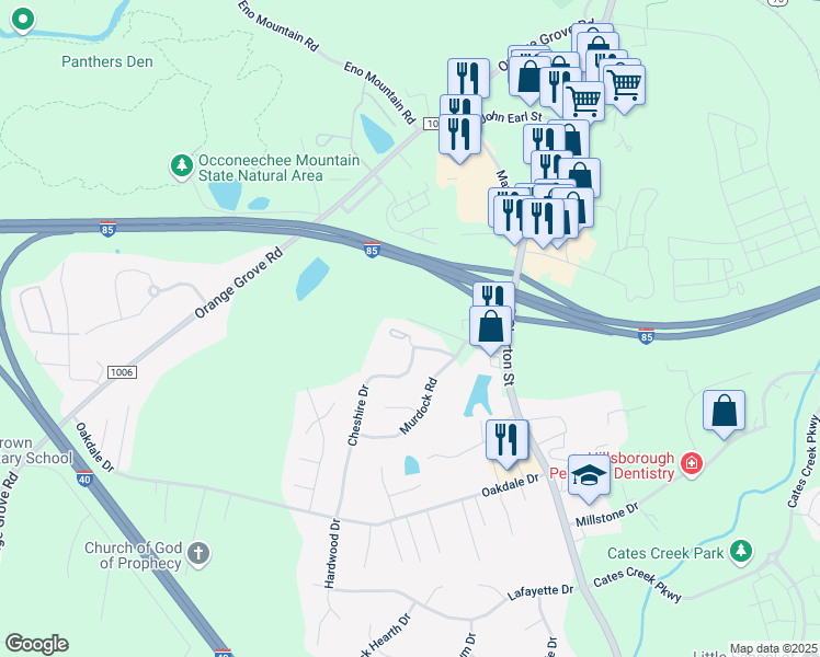 map of restaurants, bars, coffee shops, grocery stores, and more near 400 Lakeside Drive in Hillsborough