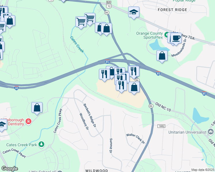 map of restaurants, bars, coffee shops, grocery stores, and more near 501 Hampton Pointe in Hillsborough