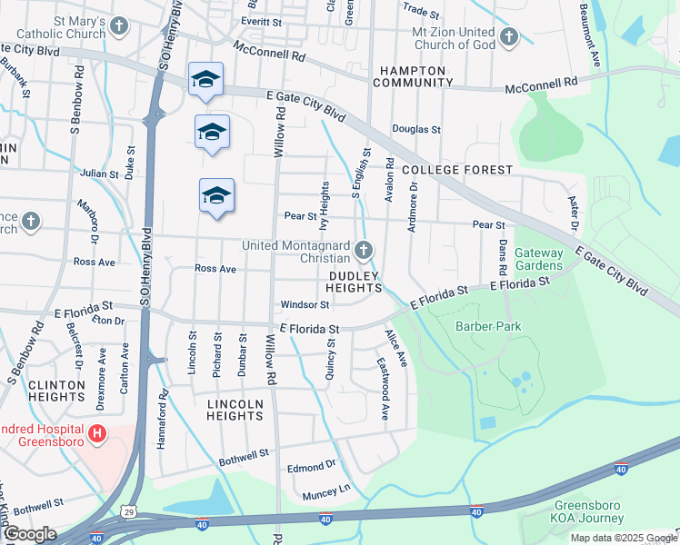 map of restaurants, bars, coffee shops, grocery stores, and more near 2202 Joe Louis Avenue in Greensboro