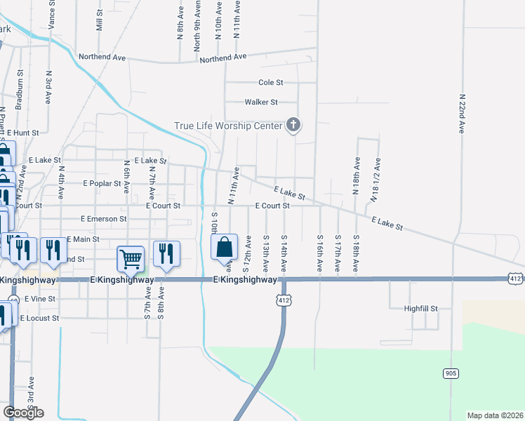 map of restaurants, bars, coffee shops, grocery stores, and more near 105 South 13th Avenue in Paragould