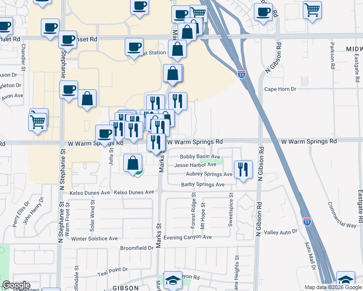 map of restaurants, bars, coffee shops, grocery stores, and more near 1132 Bradley Bay Avenue in Henderson