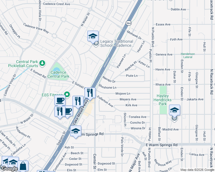 map of restaurants, bars, coffee shops, grocery stores, and more near 182 Shoshone Lane in Henderson