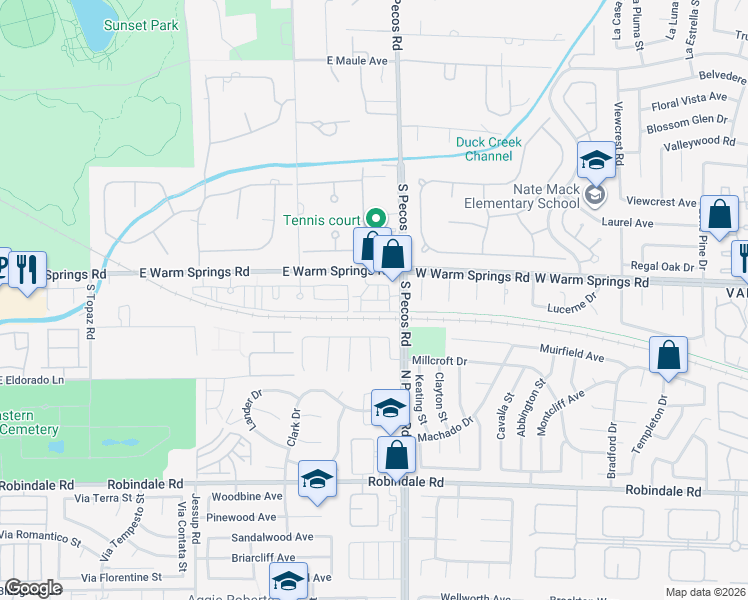 map of restaurants, bars, coffee shops, grocery stores, and more near 7411 South Pecos Road in Las Vegas