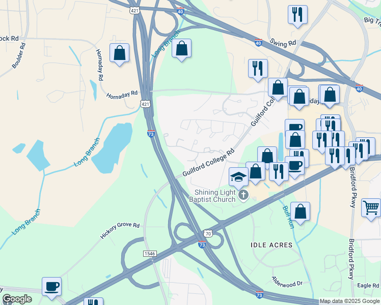 map of restaurants, bars, coffee shops, grocery stores, and more near 905 Hanahan Court in Greensboro