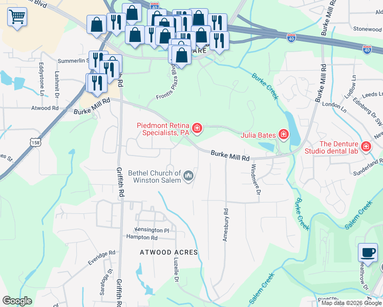 map of restaurants, bars, coffee shops, grocery stores, and more near 2110 Bethel Methodist Church Lane in Winston-Salem