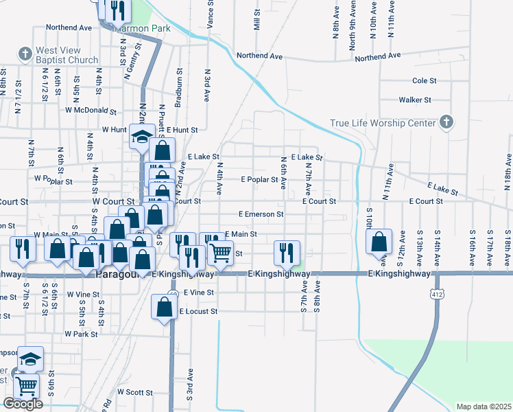 map of restaurants, bars, coffee shops, grocery stores, and more near 518 East Emerson Street in Paragould