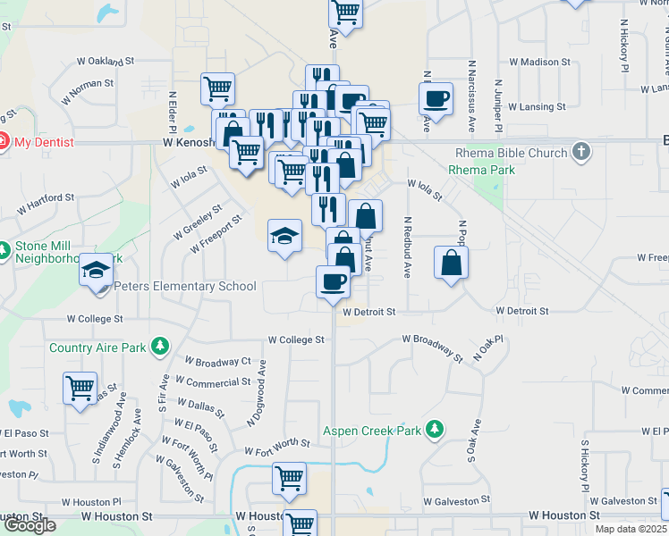 map of restaurants, bars, coffee shops, grocery stores, and more near 317 North Aspen Avenue in Broken Arrow