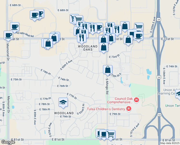 map of restaurants, bars, coffee shops, grocery stores, and more near 7511 South 94th East Avenue in Tulsa