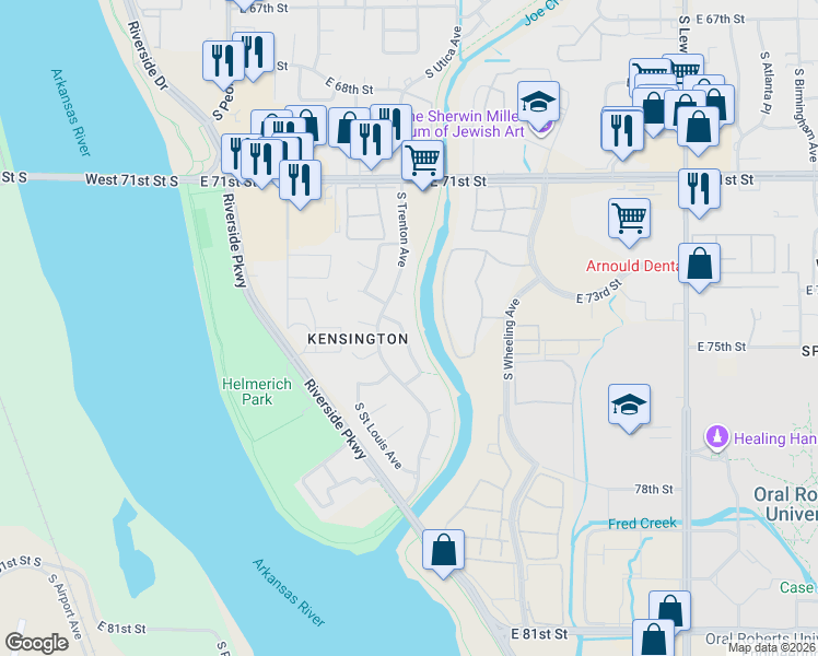 map of restaurants, bars, coffee shops, grocery stores, and more near 7523 South Trenton Place in Tulsa