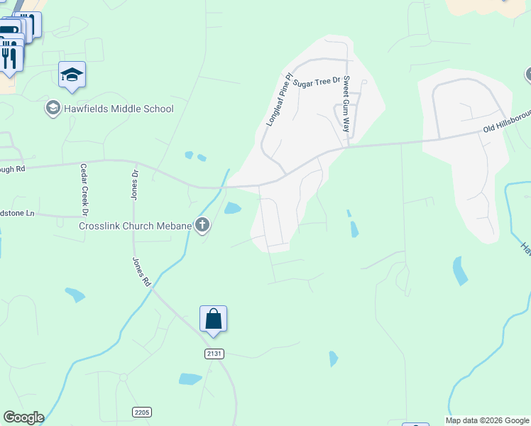 map of restaurants, bars, coffee shops, grocery stores, and more near 1020 Brockton Drive in Mebane