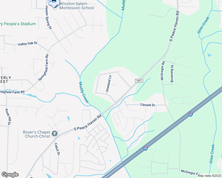 map of restaurants, bars, coffee shops, grocery stores, and more near 2255 Vineland Lane in Winston-Salem