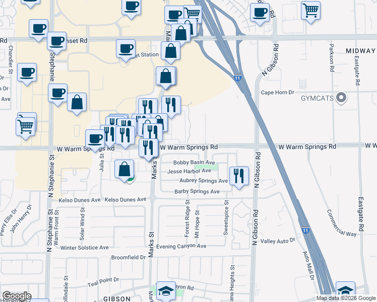 map of restaurants, bars, coffee shops, grocery stores, and more near 1122 Bobby Basin Avenue in Henderson