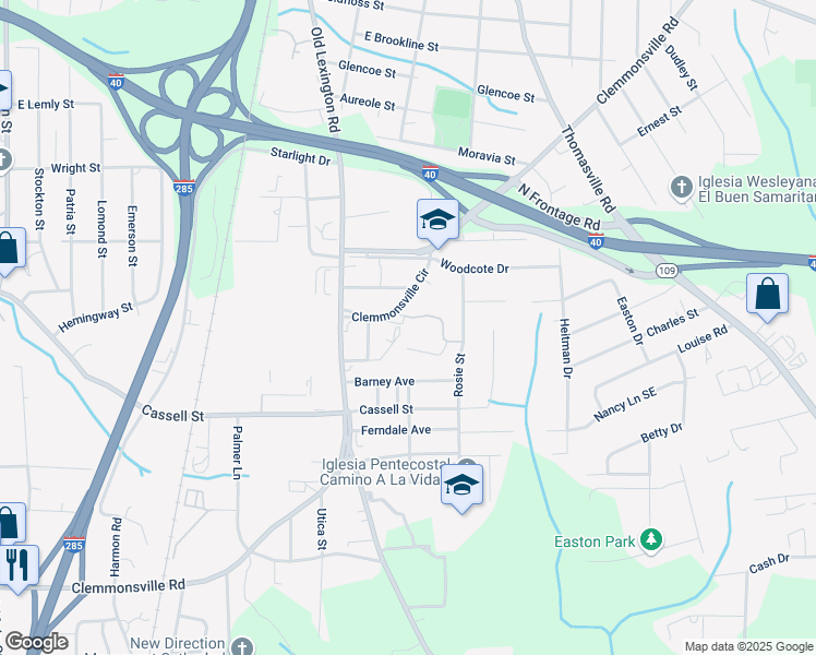 map of restaurants, bars, coffee shops, grocery stores, and more near 734 Clemmonsville Circle in Winston-Salem