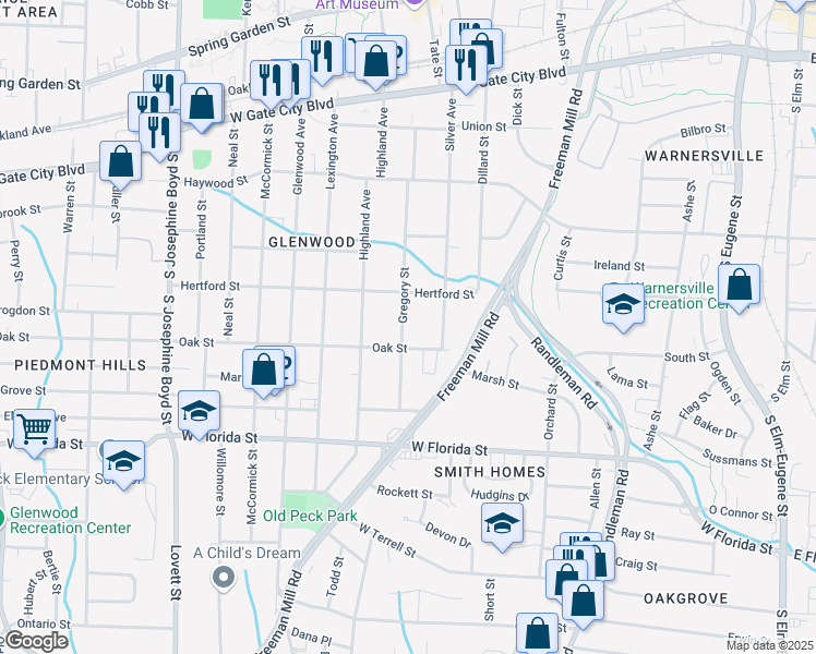 map of restaurants, bars, coffee shops, grocery stores, and more near 1115 Gregory Street in Greensboro