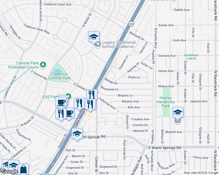 map of restaurants, bars, coffee shops, grocery stores, and more near 182 Shoshone Lane in Henderson